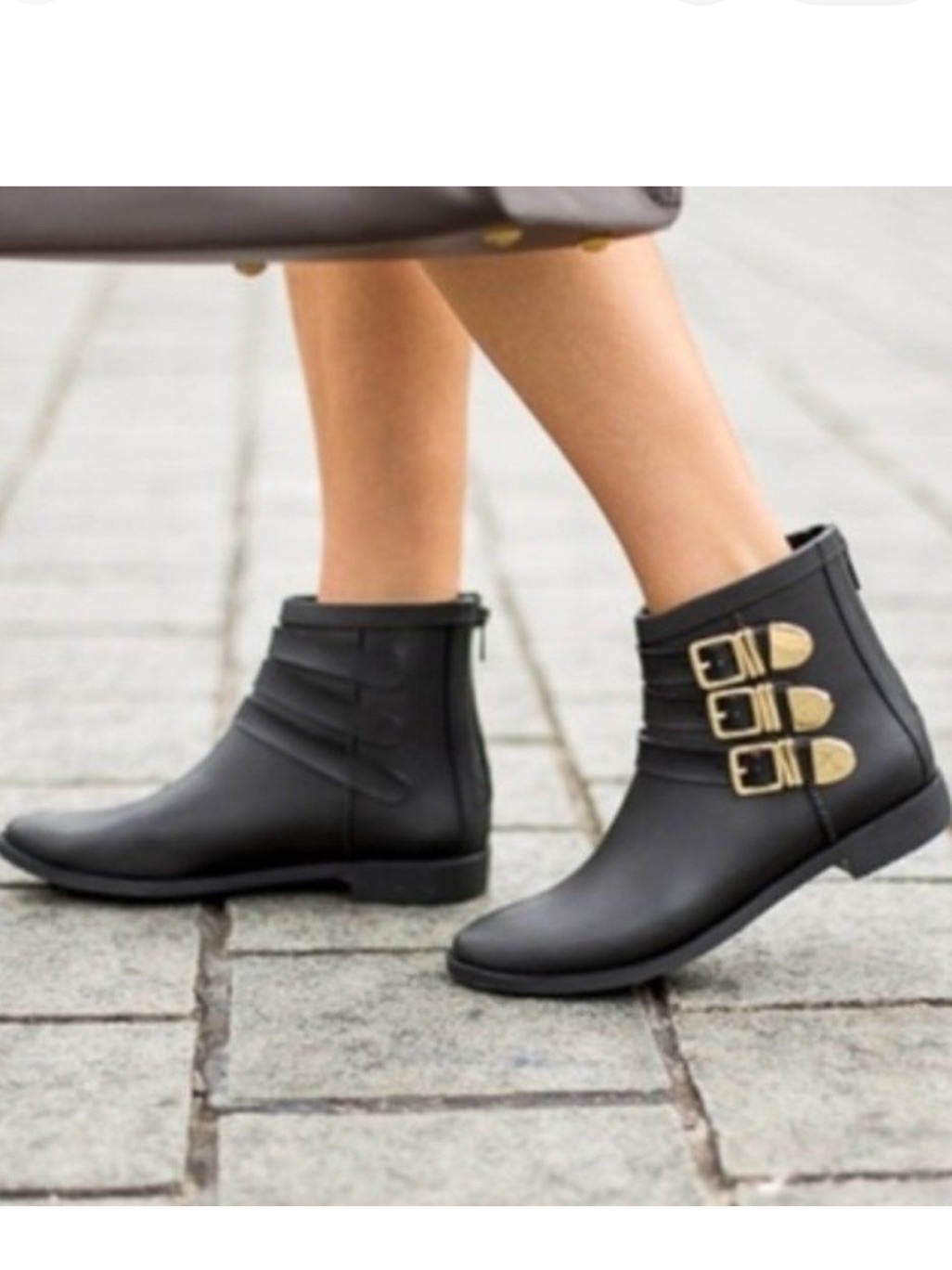 Loeffler Randall Fenton Black Rubber Rain Booties Gold-Toned Buckles. Size 6.